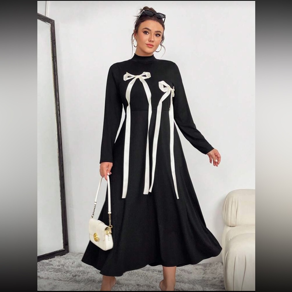 SHEIN Black Dress with White Bow Accents